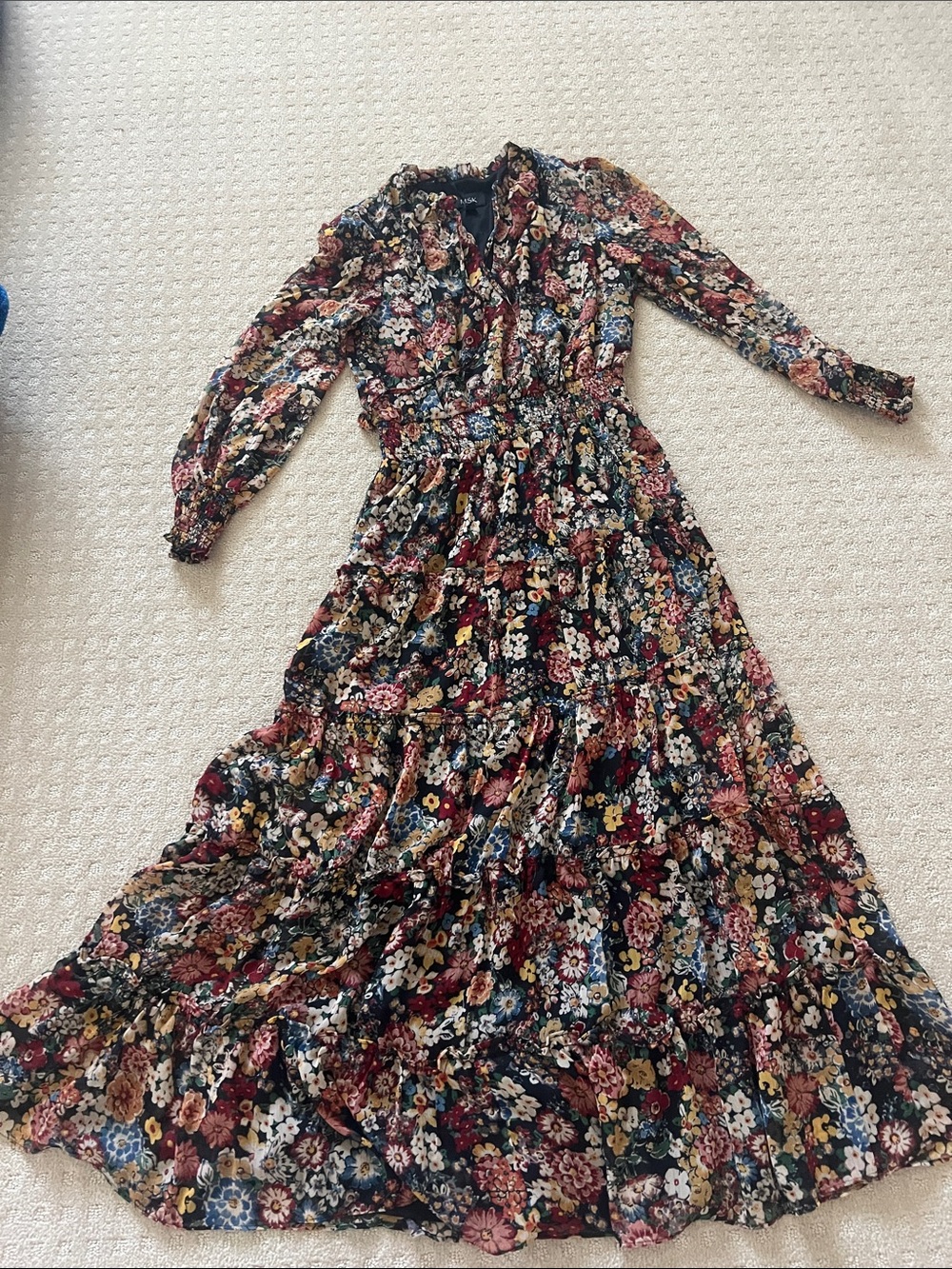 MSK Floral Tiered Maxi Dress in Black and Burgundy Mix
